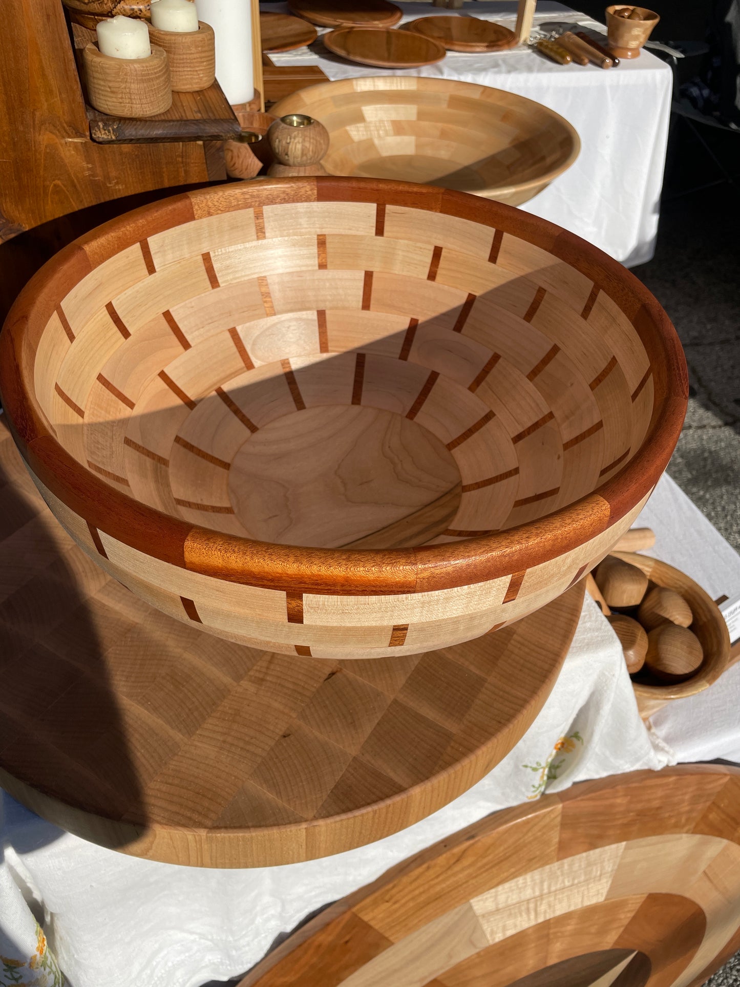 14” Mahogany and Maple Basket Weave Bowl