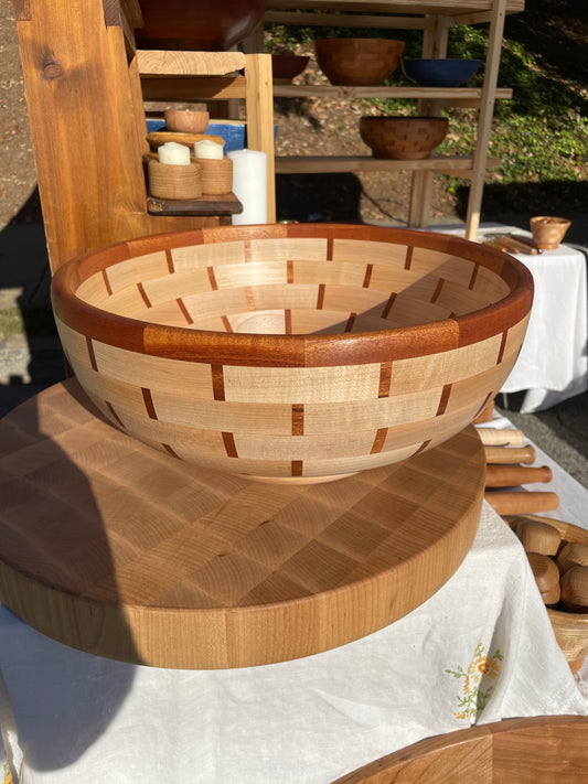 14” Mahogany and Maple Basket Weave Bowl